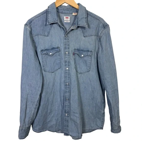 Levi's Mens Large Long Sleeve Denim Western Shirt Light Wash Pearl Snap Buttons - Picture 2 of 9
